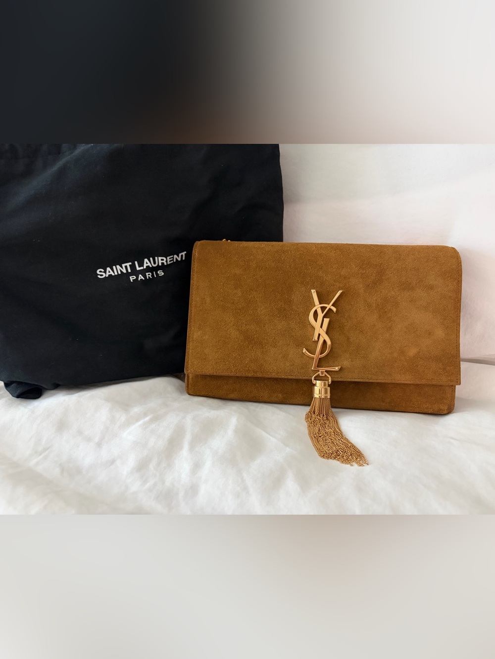 Saint Laurent Kate Cognac Suede YSL Tassel Shoulder Bag